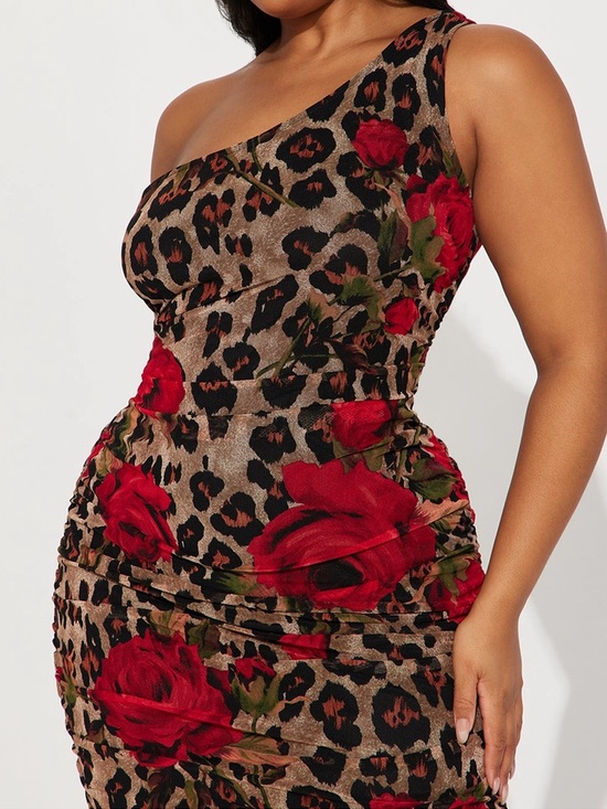 One-Shoulder Red Rose Leopard Midi Dress - Picture 2 of 4